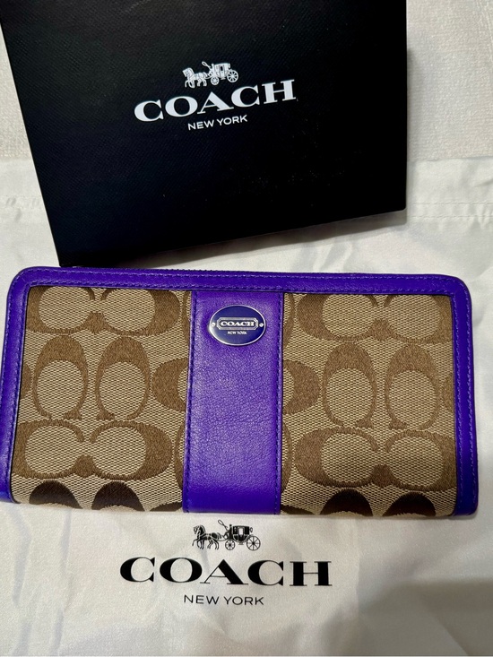Coach Handbags - Coach Signature Canvas Wallet with Purple Trim and Brown Monogram